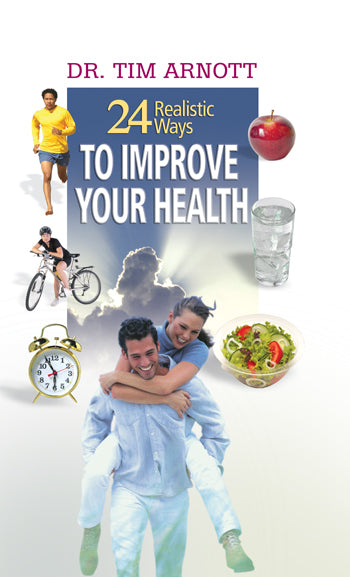 Portada del libro titulado «24 formas realistas de mejorar tu salud», del Dr. Tim Arnott, en la que aparecen imágenes de ejercicio, comida sana, un reloj, agua y una pareja sonriente que lleva un estilo de vida saludable.