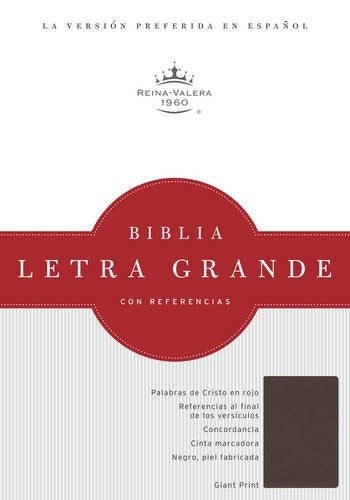 Portada de una Biblia «Letra Grande» de la Reina Valera 1960, con notas de referencia, las palabras de Cristo en rojo y una imagen de su encuadernación en imitación de cuero negro.