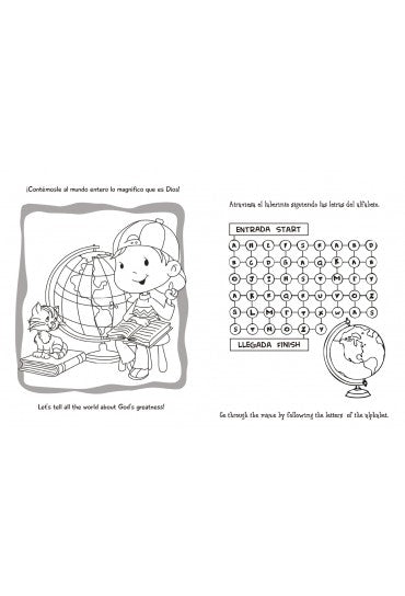 A la izquierda, un niño y un gato están sentados junto a un globo terráqueo, unos libros y actividades para colorear; a la derecha hay un laberinto del alfabeto en el que hay que trazar un camino desde el principio hasta el final siguiendo el orden de las letras, ideal para cualquier libro bilingüe.