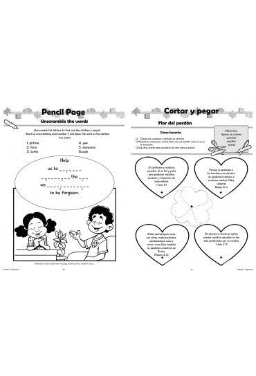 Ficha en blanco y negro con actividades en inglés y español sobre el perdón, que incluyen un juego de palabras mezcladas, dibujos, corazones para recortar y pegar con indicaciones escritas, y páginas para colorear que fomentan la formación de valores.