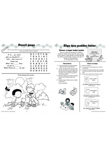 Los niños juegan al aire libre mientras se muestran dos fichas: una es una actividad de búsqueda de palabras en inglés y dibujo, y la otra es una guía de juegos en grupo en español con «actividades para colorear» y «formación de valores» para los más pequeños.