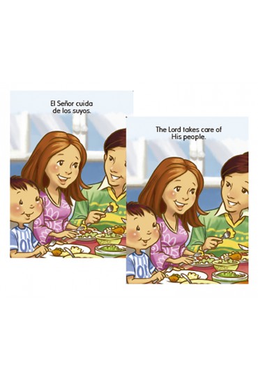 Una familia está sentada a la mesa compartiendo una comida, con un texto en español e inglés encima que dice: «El Señor cuida de su pueblo»; una escena perfecta para una actividad de «memoria bilingüe» o un «juego educativo».