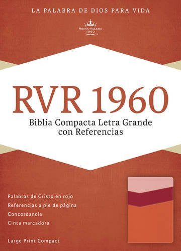 Portada de la «Biblia delgada» compacta de letra grande de la RVR 1960 con referencias, con un diseño en rojo y blanco, las palabras de Cristo en rojo y una lista de características —entre las que se incluye la concordancia bíblica— en la parte inferior izquierda.