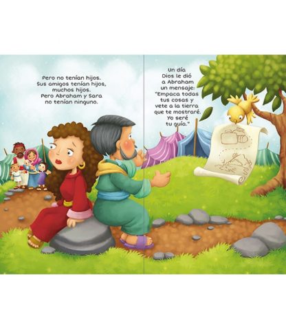 Ilustración de estilo caricaturesco en la que aparecen Abraham y Sara sentados en un camino, con niños y tiendas de campaña al fondo y un pájaro que les entrega un pergamino con un mapa. El texto en español narra «relatos bíblicos y valores para niños» a través de historias ilustradas.