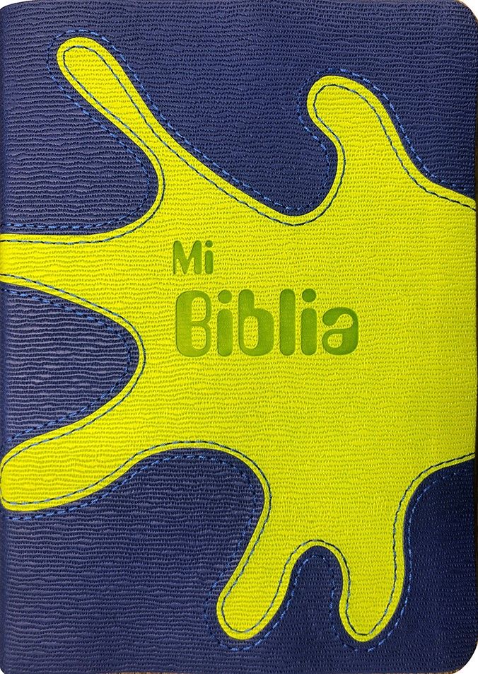 Una cubierta azul con un gran diseño de salpicaduras amarillas y las palabras «Mi Biblia» impresas en verde, perfecta para estudios bíblicos y con la traducción Reina-Valera 1995.