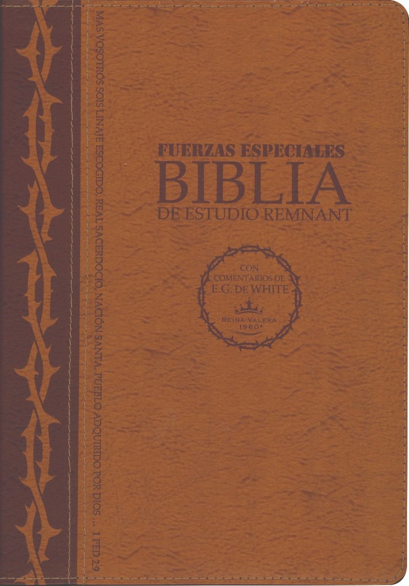 Portada de una Biblia de estudio en español titulada «Fuerzas Especiales: Biblia de Estudio Remnant», con un diseño en piel marrón, estudios temáticos bíblicos, la Biblia Reina-Valera 1960 y comentarios de Elena G. de White.