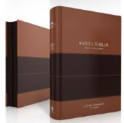 Dos ejemplares de la Biblia Reina-Valera 1960, de tapa dura marrón, edición «letra gigante», con una franja horizontal oscura, colocados en posición vertical y ligeramente inclinados: uno muestra el lomo y el otro la portada, de imitación de piel.
