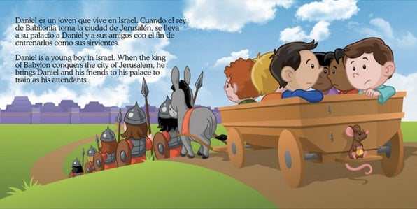 Varios niños están sentados en un carro de madera, con soldados y burros a su alrededor, mientras se acercan a una ciudad amurallada que se divisa a lo lejos; el texto, en español e inglés, procede del librito bilingüe para niños *Pequeños héroes de la Biblia*.