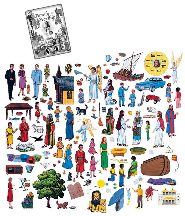 Un collage de escenas bíblicas y modernas ilustradas —que incluyen personas, animales, vehículos y figuras religiosas—, ideal para un manual del profesor o para el culto familiar, dispuestas sobre un fondo blanco.