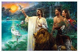 Un hombre vestido con una túnica blanca señala hacia el cielo junto a un hombre, una mujer y varios animales, en un exuberante paisaje tropical cerca del agua al atardecer, representado como si se tratara de una tarjeta postal de 5 x 7 pulgadas.