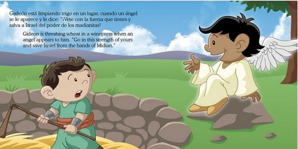 Un ángel está sentado sobre una roca hablando con un niño que está trillando trigo junto a un muro de piedra, bajo un cielo azul, rodeado de prados y colinas: una escena de *Pequeños Héroes de la Biblia*, un libro infantil sobre la Biblia.