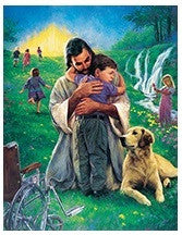 Un hombre vestido con túnicas blancas abraza a un niño mientras está sentado junto a un perro; unos niños juegan y una mujer se encuentra de pie junto a una cascada en un paisaje cubierto de hierba y bañado por el sol. Perfecto para una tarjeta postal de 5 x 7 pulgadas.