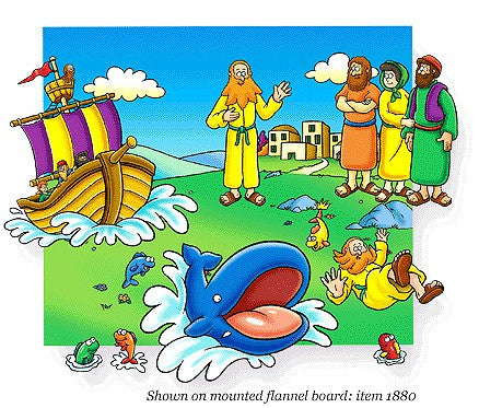 Ilustración de cómic de la historia de Jonás: una gran ballena escupe a Jonás en tierra firme, con un barco, espectadores y un pueblo al fondo; ideal para un juego de fieltro bíblico para preescolares.