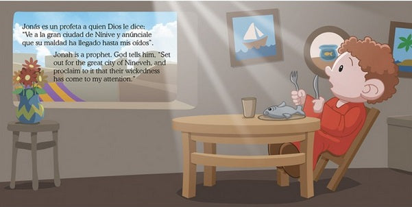 Un niño de dibujos animados está sentado a una mesa con un plato de pescado y una taza, junto a una ventana soleada y un jarrón. El texto de la pared recoge el mandato de Dios a Jonás, extraído de «Pequeños héroes de la Biblia», un librito bilingüe para niños.