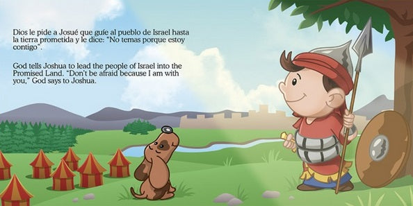 Ilustración de «Pequeños héroes de la Biblia»: Josué con armadura, lanza y escudo, de pie junto a un perro, con tiendas de campaña y una ciudad amurallada al fondo; incluye un versículo bíblico en español e inglés de este librito bilingüe para niños.