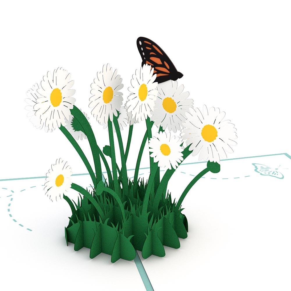 Una obra de arte en papel con efecto pop-up en una tarjeta de 5 x 7, en la que se ven margaritas blancas con el centro amarillo, tallos y hojas verdes, y una mariposa posada sobre una de las flores.