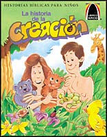 Ilustración de cómic de Adán y Eva con animales y frutas en un jardín, bajo el título en español «La historia de la Creación». Perteneciente a la colección «Libros Arco», presenta historias bíblicas con ilustraciones a todo color para niños.