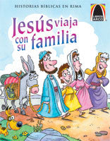 Portada de un libro ilustrado en la que aparece Jesús de niño viajando con su familia y un burro. El título reza: «Jesús viaja con su familia». Esta colorida escena, de estilo caricaturesco, forma parte de la colección «Libros Arco» y da vida a las historias bíblicas para los jóvenes lectores.