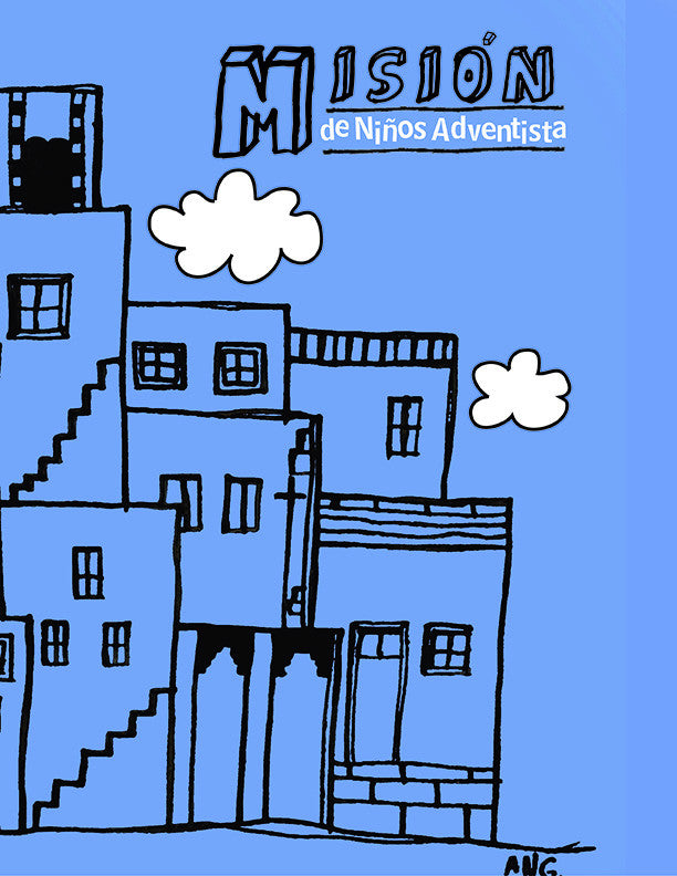 Dibujo lineal de un edificio con escaleras y puertas sobre un fondo azul con nubes; en la parte superior se lee «Misión de Niños Adventista», ideal para «historias ilustradas» o materiales de «Cuna y Jardín».