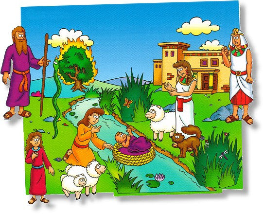 Ilustración de personajes de una historia bíblica en la que aparece el pequeño Moisés en una cesta en el río, rodeado de mujeres, ovejas, un gato, una exuberante vegetación y edificios lejanos al fondo.