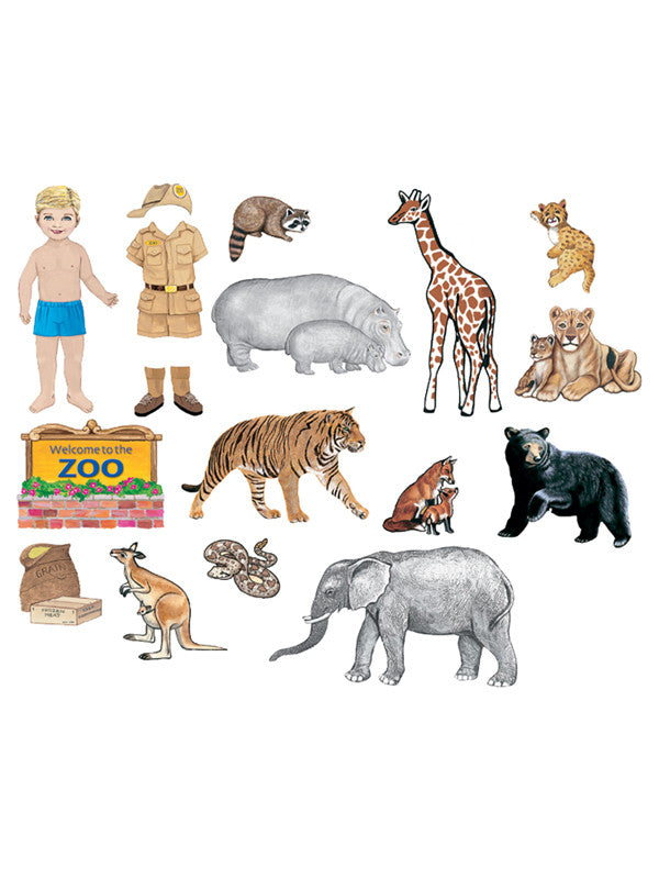Ilustraciones de un niño con un traje de safari en el zoo, junto a diversos animales del zoo, un cartel del zoo, comida para alimentar a los animales, una bolsa de almacenamiento y una placa de «cuidador del año» sobre un fondo blanco.