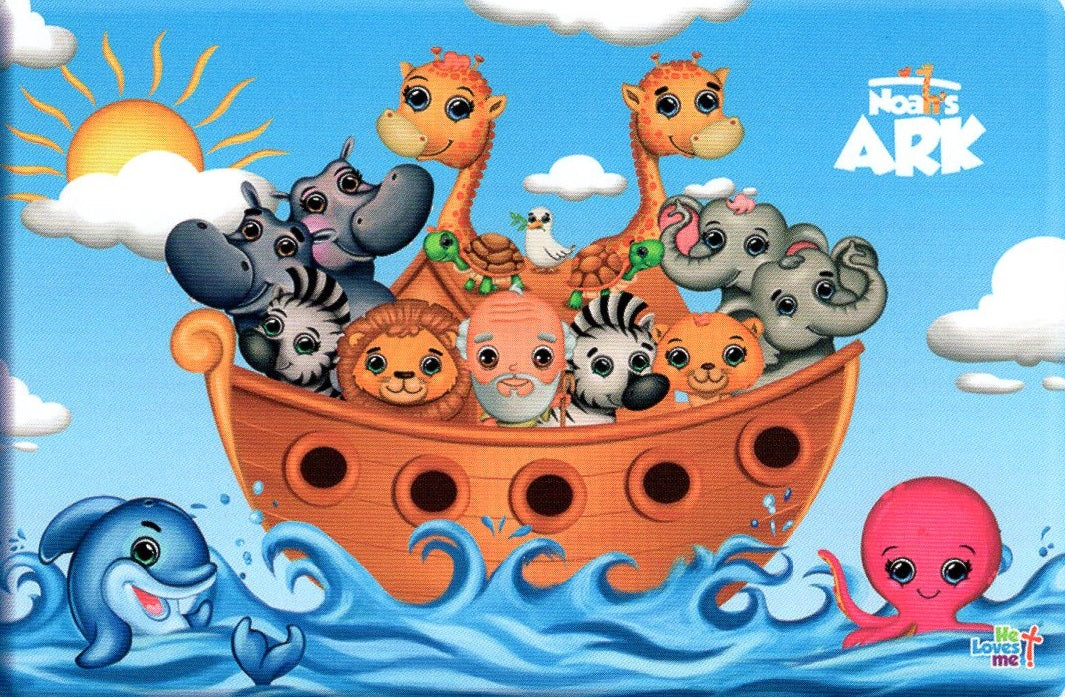 Imagen ilustrada del Arca de Noé con animales, una paloma, un delfín y un pulpo bajo el sol y las nubes: perfecta para un divertido mantel individual de 18 x 12 o un adorno para la repisa de la chimenea.
