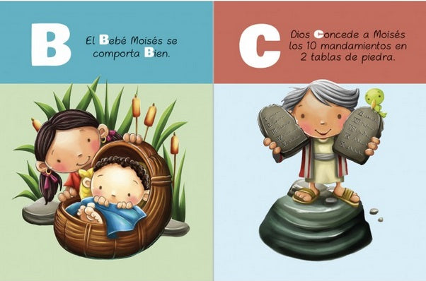 Ilustración en la que aparece el pequeño Moisés en una cesta junto a su hermana y su madre (B), y Moisés sosteniendo las tablas de piedra con los mandamientos (C), extraída de un «Biblia abecedario», libro para niños.