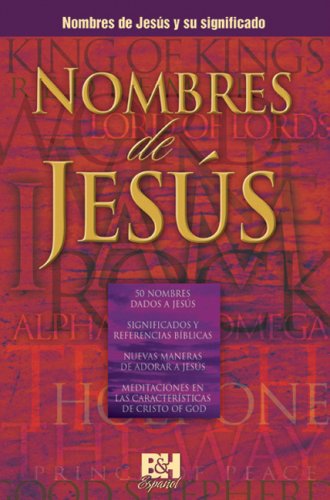 Portada del libro titulado «Nombres de Jesús», un folleto ilustrado en español que explora los nombres y la importancia de Jesús, con una elegante combinación de rojo y dorado; ideal como herramienta misionera.