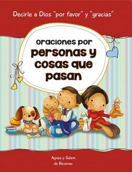 Portada de un libro infantil ilustrado titulado «Oraciones por personas y cosas que pasan», un libro de oraciones para niños, en la que aparecen tres niños y dos perros sentados juntos sobre un fondo a rayas.