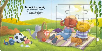 Dos niños y un gato están sentados sobre una manta de picnic al aire libre, mirando al cielo. Cerca de ellos hay un osito de peluche, un balón de fútbol y una cesta. La página de la izquierda contiene un texto en español extraído de un libro rompecabezas de 9 piezas.