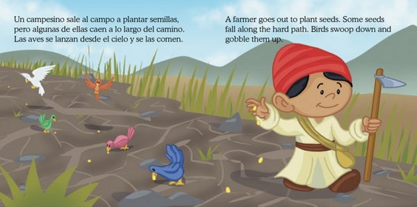 En una ilustración, un granjero esparce semillas a lo largo de un sendero mientras los pájaros se abalanzan para comérselas, con montañas y hierba al fondo: perfecto para un librito bilingüe para niños o cualquier libro infantil bíblico como *Pequeños Héroes de la Biblia*.