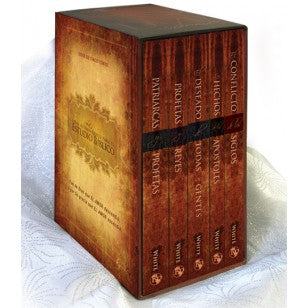 Conjunto religioso de la Biblia: caja con seis libros en español, cinco volúmenes con lomos marrones ornamentados, titulados «Historia de la Redención», encuadernados en tela blanca texturizada.