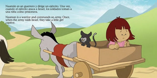 Una niña triste está sentada en una carretilla de madera tirada por un burro, con un gato negro a su lado. Al fondo se ven montañas y prados, junto con el título «Pequeños héroes de la Biblia», un librito bilingüe para niños, que aparece en la parte superior en español y en inglés.