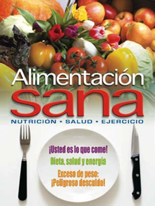 Una colorida selección de frutas y verduras sobre un texto en español que promueve una dieta saludable, la nutrición, la salud y el ejercicio, con un tenedor y un cuchillo colocados debajo.