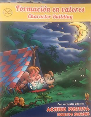 En la portada de un libro bilingüe para el desarrollo del carácter titulado «Formación en valores», que recoge «historias para niños» que inspiran la bondad y el crecimiento, se ve a unos niños y un perro sentados por la noche bajo una tienda de campaña de retazos, contemplando la luna.