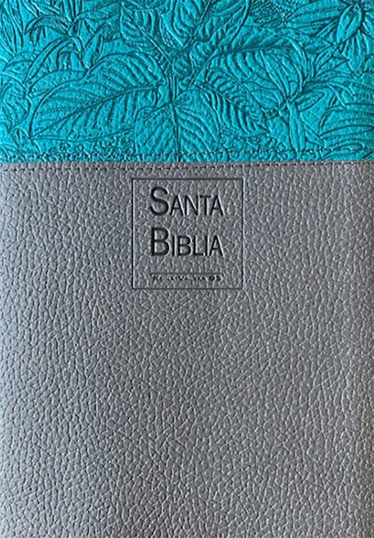 Primer plano de la cubierta de un libro en dos tonos, con motivos de hojas azules en relieve y un material gris con textura, en cuya portada se leen las palabras «Santa Biblia». Se trata de la edición Reina-Valera 1995, ideal como Biblia para la mujer.