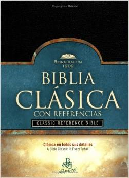 Portada de la Biblia Reina Valera 1909 Clásica con Referencias, en tonos azules y dorados, con concordancia y texto tanto en español como en inglés. Incluye las palabras de Jesús en rojo para facilitar su consulta.