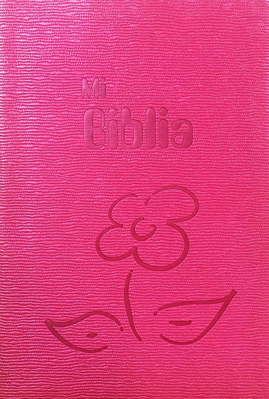 Una cubierta de libro rosa con textura en la que se leen las palabras «Mi Biblia», una flor en relieve y dos hojas, ideal para estudios bíblicos y con la traducción Reina-Valera 1995.