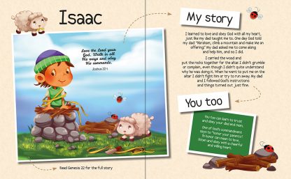 Una doble página ilustrada de un libro infantil cristiano sobre Isaac muestra a un niño sentado sobre unas rocas, con ovejas y mariquitas a su alrededor, junto con versículos bíblicos y recuadros de texto titulados «Mi historia» y «Tú también». Perfecto para los niños que leen la Biblia.