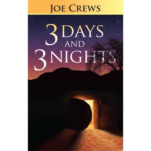 Portada del libro «3 días y 3 noches», de Joe Crews, en la que aparece una tumba abierta con la piedra removida, iluminada por la luz contra un cielo crepuscular, lo que pone de relieve la controversia doctrinal que rodea el día de la crucifixión de Jesús en la Iglesia cristiana.