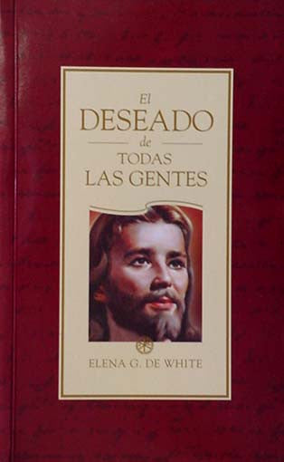 Portada del libro *El Deseado de Todas las Gentes*, de Elena G. de White, en la que aparece un retrato ilustrado de Jesús sobre un fondo rojo oscuro y un recuadro de texto de color crema: una profunda biografía de Cristo basada en los evangelios.