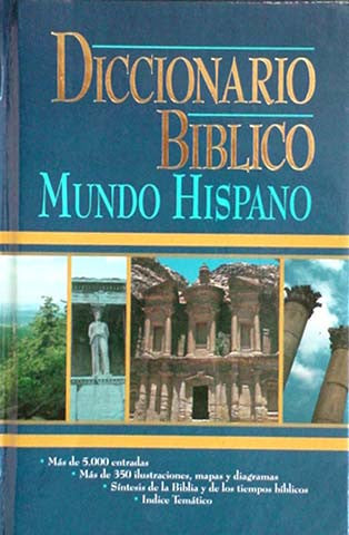 Portada del «Diccionario Bíblico Mundo Hispano», en la que aparecen ruinas antiguas y columnas, con un texto que destaca las ilustraciones bíblicas, numerosas entradas y resúmenes concisos de la historia bíblica.