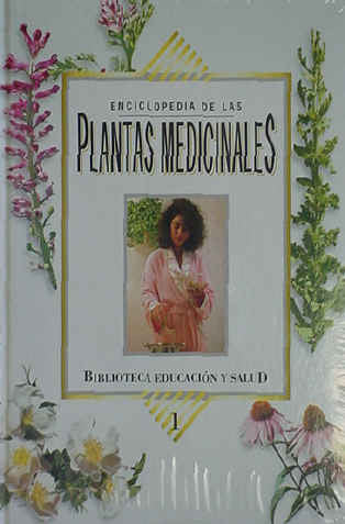 Portada de un libro titulado «Enciclopedia de las Plantas Medicinales», en la que aparece una mujer con una camiseta rosa e ilustraciones de plantas medicinales y remedios caseros en el borde.
