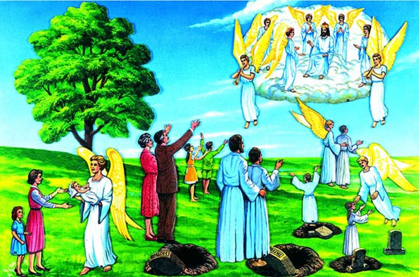Unos ángeles dan la bienvenida a unas personas que se encuentran en un prado; algunas de ellas ascienden hacia unas figuras vestidas con túnicas blancas que se encuentran sobre una nube, con tumbas abiertas en primer plano, lo que evoca una escena del descenso de Jesús que recuerda a las figuritas de la Segunda Venida.