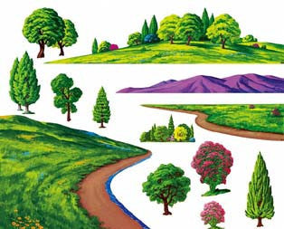 Ilustración de un paisaje con colinas cubiertas de hierba, caminos de tierra, un río que serpentea entre diversos árboles y arbustos, y montañas al fondo.