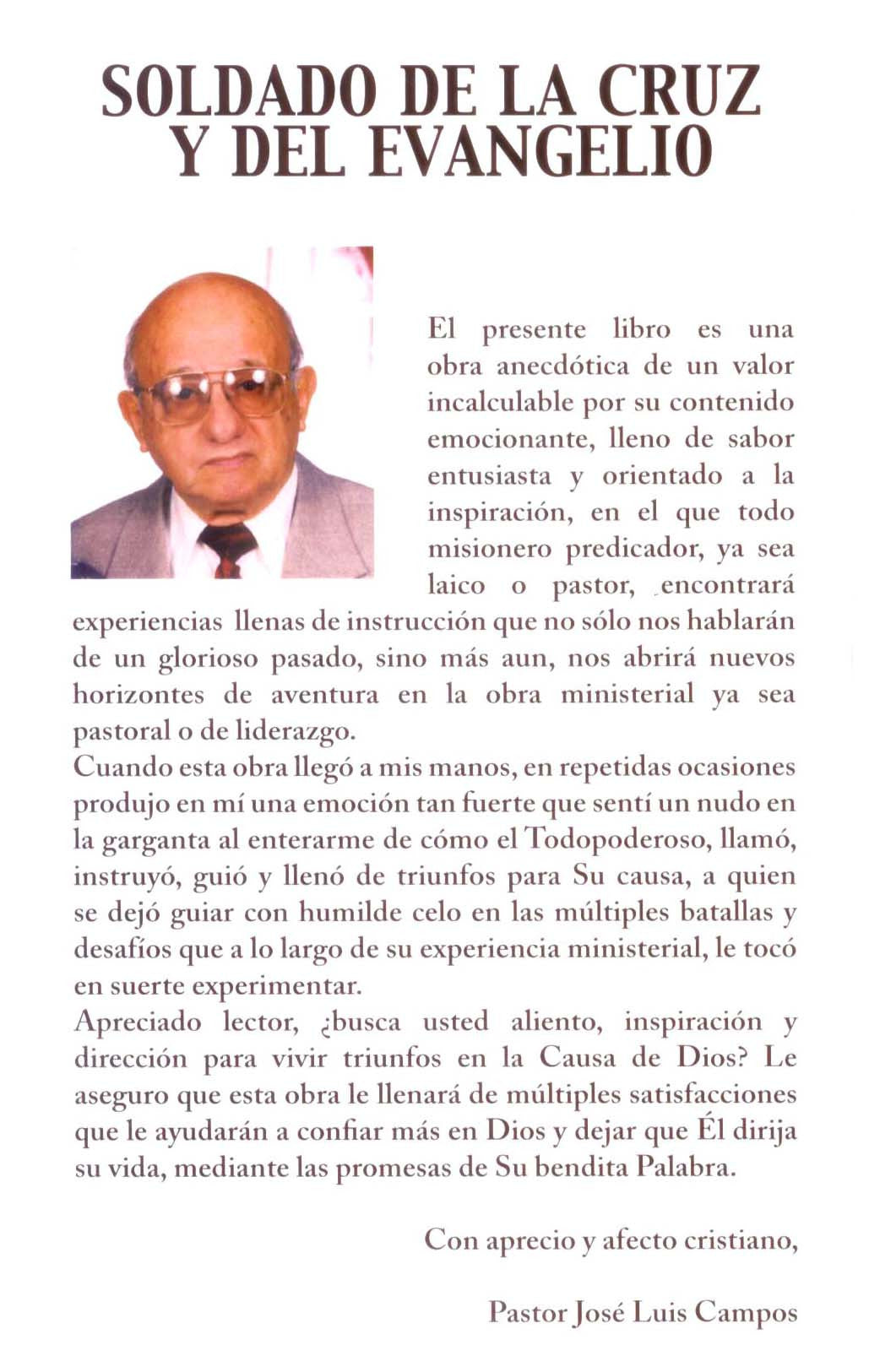 Portada de un libro en la que aparece el retrato de un hombre mayor con traje y gafas, junto con un texto introductorio en español sobre el «liderazgo pastoral y espiritual» del libro, escrito por el pastor José Luis Campos.