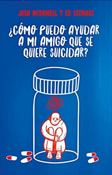 Portada del libro con el título «¿Cómo puedo ayudar a mi amigo que se quiere suicidar?», en la que aparece un adolescente triste sentado dentro de un frasco de pastillas, rodeado de cápsulas: una imagen impactante que aborda el tema del suicidio entre los jóvenes en Estados Unidos.