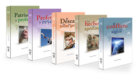 Cinco libros religiosos en español, entre los que se incluyen «Patriarcas y Profetas» y «Conflicto de los Siglos», están alineados en fila. Estos libros ilustrados recogen títulos muy apreciados por los lectores que buscan una visión espiritual.