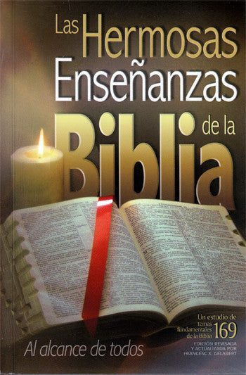 Portada de un libro en español titulado *Las Hermosas Enseñanzas de la Biblia*, en la que aparecen una vela encendida y una Biblia abierta con un marcapáginas de cinta roja, ideal para el estudio bíblico y las preguntas y respuestas bíblicas.