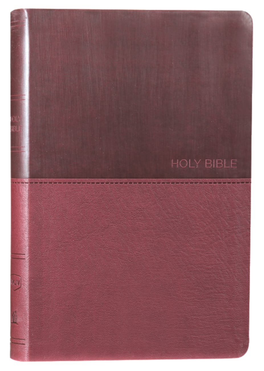Una Biblia de letra grande, con tapa dura de color granate y marrón, con el título grabado en relieve en la portada y el lomo, y que incluye un marcapáginas de cinta para facilitar la consulta.